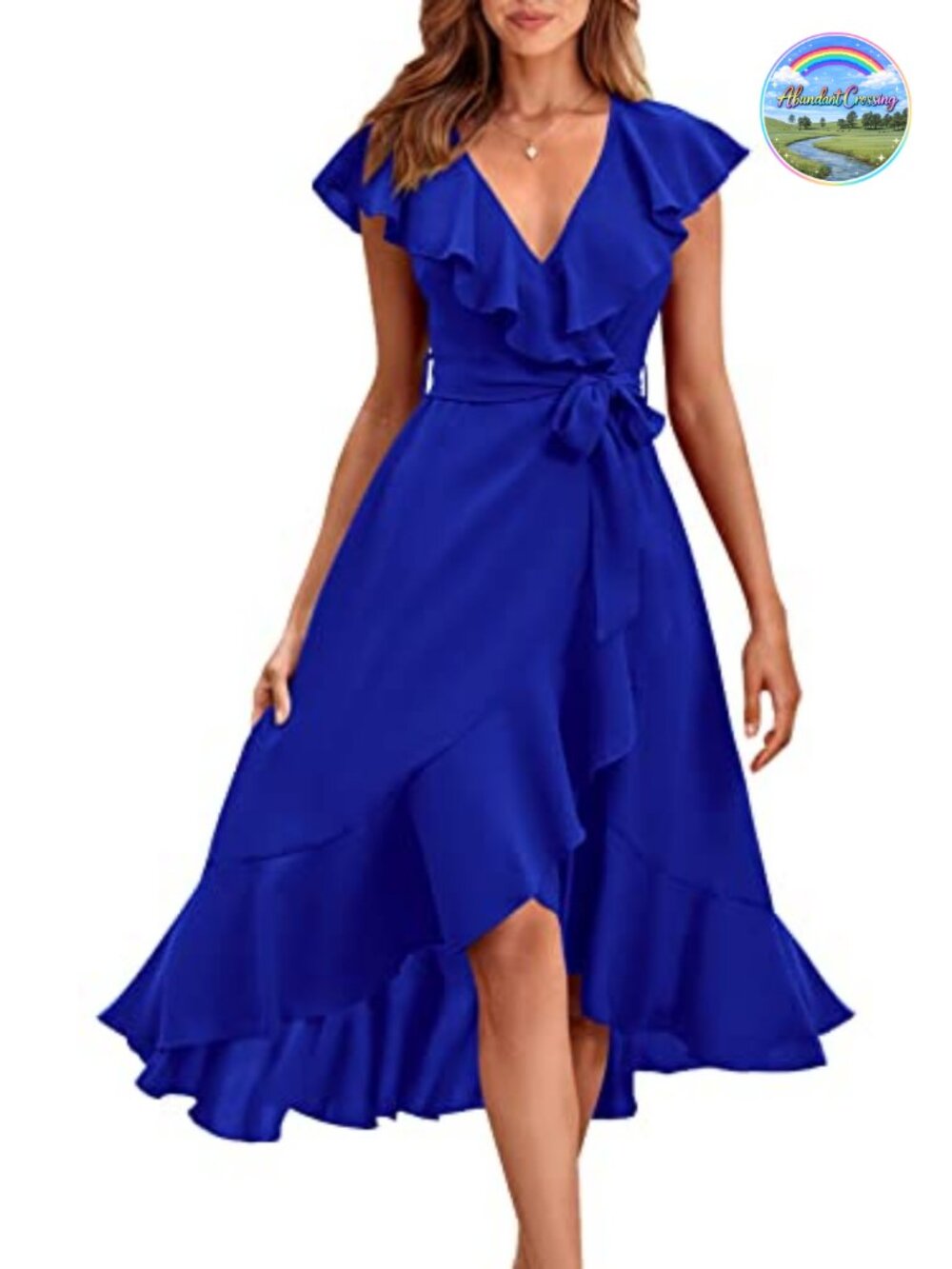 Women's Summer Midi Dress Casual Boho Deep V Neck Short Sleeve Ruffle Hem Split